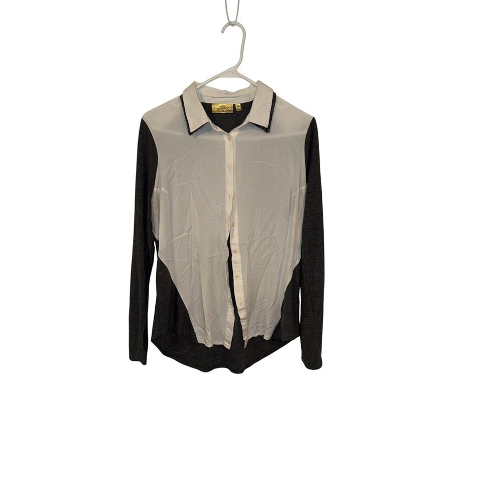 Women's Vera Wang Princess L Button Up Shirt Collared Grey & Ivory